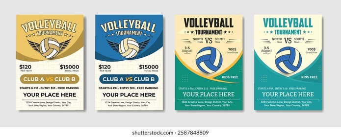 Dynamic Volleyball Championship Tournament poster and flyer template with a realistic volleyball ball, bold typography, energetic colors, and fully editable vector elements. Ideal for sports promotion