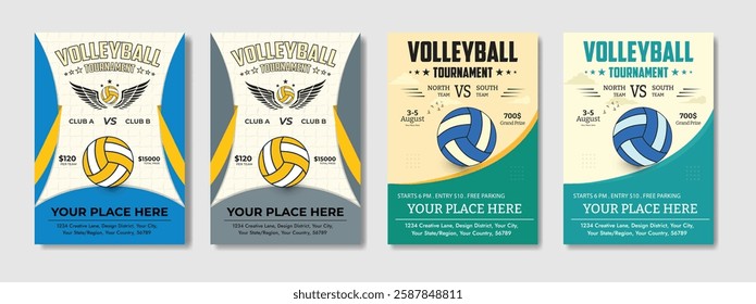 Dynamic Volleyball Championship Tournament poster and flyer template with a realistic volleyball ball, bold typography, energetic colors, and fully editable vector elements. Ideal for sports promotion