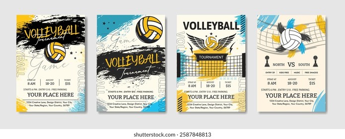 Dynamic Volleyball Championship Tournament poster and flyer template with a realistic volleyball ball, bold typography, energetic colors, and fully editable vector elements. Ideal for sports promotion