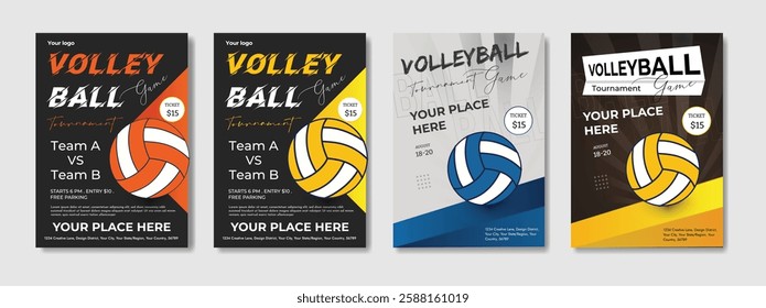 Dynamic Volleyball Championship Tournament poster and flyer template with a realistic volleyball ball, bold typography, energetic colors, and fully editable vector elements. Ideal for sports promotion