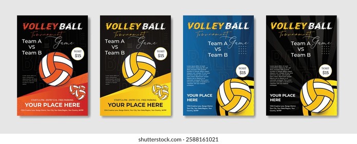 Dynamic Volleyball Championship Tournament poster and flyer template with a realistic volleyball ball, bold typography, energetic colors, and fully editable vector elements. Ideal for sports promotion