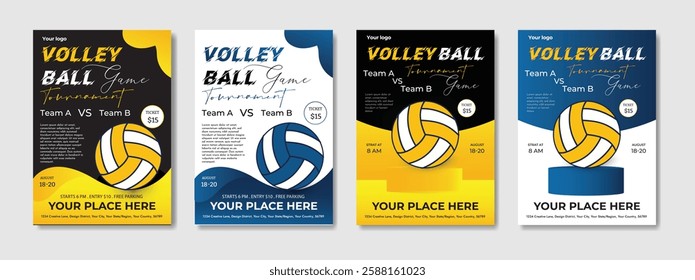 Dynamic Volleyball Championship Tournament poster and flyer template with a realistic volleyball ball, bold typography, energetic colors, and fully editable vector elements. Ideal for sports promotion