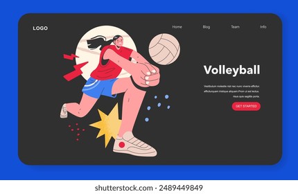 Dynamic volleyball player in action, spiking the ball on a website landing page design. Energetic sport illustration with navigation menu. Vector illustration.