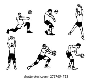 Dynamische Volleyballspieler Aktionen und Posen Illustration Set