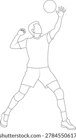 Dynamic volleyball player outline illustration featuring an athlete in mid-action pose with clean and detailed line art. Ideal for sports-themed projects, coloring books, t-shirt prints, stickers, posters, digital artwork, and vector-based creative designs. The minimalist outline style makes it perfect for both personal and commercial use.