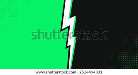 Dynamic VS Background for Sports and Competition. Green and Black Versus Comic Style Background Split Lightning in the Middle