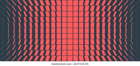 Dynamic warped vector graphic pattern with curved red squares over dark background. Bold abstract design with techno vibes, ideal for digital wallpaper, sci-fi projects and interfaces. Wide wallpaper
