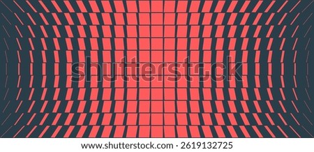 Dynamic warped vector graphic pattern with curved red squares over dark background. Bold abstract design with techno vibes, ideal for digital wallpaper, sci-fi projects and interfaces. Wide wallpaper