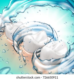 Dynamic water flushing teeth, intraoral cleaning scene in 3d illustration