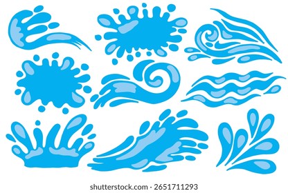 Dynamic Water salpica el conjunto de Vector de gotas de agua azul de dibujos animados. Elementos de salpicadura de agua azul abstracto dibujado a mano