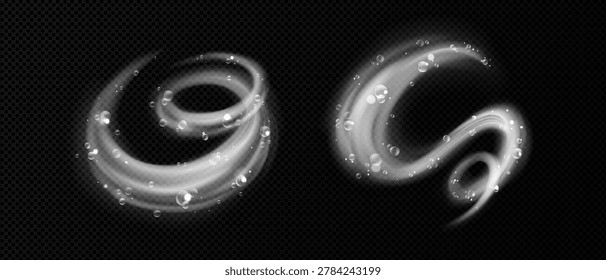 Dynamic water swirls with foam bubbles, fresh vortex effect, set of vector illustrations isolated on transparent background. Clean detergent wave with realistic 3D liquid motion