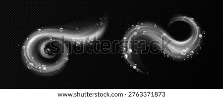 Dynamic water swirls with foam bubbles, fresh vortex effect, set of vector illustrations isolated on transparent background. Clean detergent wave with realistic 3D liquid motion