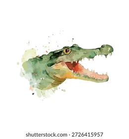 Dynamic watercolor crocodile head with open jaws, showcasing sharp teeth. Ideal for wild animal illustrations and educational content.
