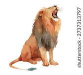 Dynamic watercolor lion roaring, sitting majestically. Ideal for nature, strength, or safari designs. Perfect for wildlife themes.
