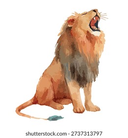Dynamic watercolor lion roaring, sitting majestically. Ideal for nature, strength, or safari designs. Perfect for wildlife themes.