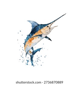 Dynamic watercolor marlin fish leaping from the ocean with vibrant splashes. Ideal for fishing, marine life, and ocean-themed designs.