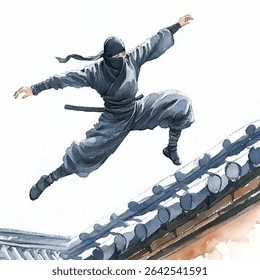 A dynamic watercolor painting depicts a ninja in mid-leap, his dark grey attire flowing, a katana sheathed at his waist.