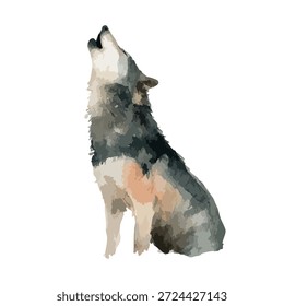 Dynamic watercolor-style howling wolf vector art, perfect for wildlife, nature, and powerful animal spirit designs.