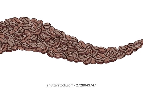 Onda dinâmica de grãos de café em um estilo de esboço desenhado à mão com tons marrons. Ideal para menus de café, cabeçalhos de site, design de embalagem e vários materiais de marketing relacionados ao café.
