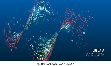 Onda dinâmica de pontos coloridos com elementos de código binário no plano de fundo azul. Conceito de visualização de megadados, análise e tecnologias digitais. Para faixa ou apresentação