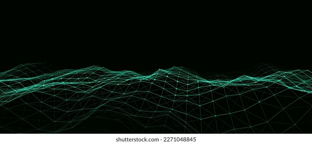 Dynamic wave with connected dots and lines on dark background. Digital wave background concept. Abstract technology background. Big data visualization. Vector illustration.