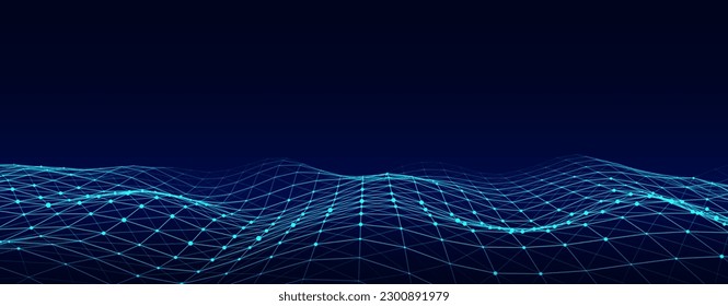 Dynamic wave with connected dots and lines on a blue background. Digital wave background concept. Abstract technology background. Big data visualization. Vector illustration.