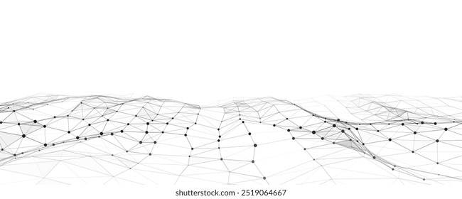 Onda dinâmica com pontos e linhas conectados em um fundo branco. Conceito de fundo de onda digital. Resumo da tecnologia. Visualização de Big Data. Ilustração vetorial.
