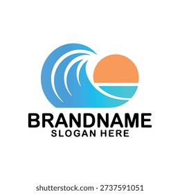Dynamic wave crashes against a vivid orange sunset over calm turquoise waters with sleek curves and minimalist text design
