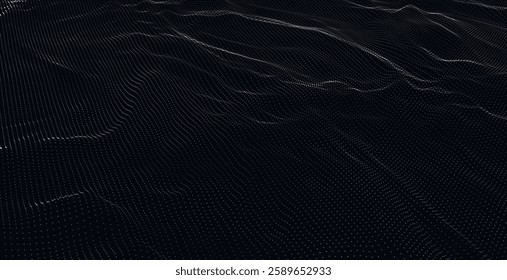 Dynamic wave of glowing dots. Futuristic dot wave of bright particles. Weave effect. Futuristic background for presentation design. Wide format vector illustration.
