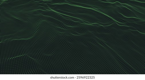 Dynamic wave of glowing dots. Futuristic dot wave of bright particles. Weave effect. Futuristic background for presentation design. Wide format vector illustration.