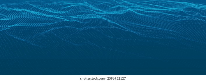 Dynamic wave of glowing dots. Futuristic dot wave of bright particles. Weave effect. Futuristic background for presentation design. Wide format vector illustration.