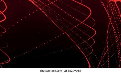 Dynamic wave of glowing particles. Abstract dotted lines on dark background. Chaotic colored lines. Motion effect. Vector illustration