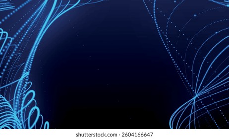 Dynamic wave of glowing particles. Abstract dotted lines on dark background. Chaotic colored lines. Motion effect. Vector illustration