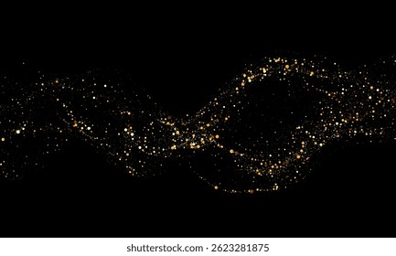 Dynamic wave of golden glowing particles forming an abstract curve on a black background. Luxurious festive vector suitable for elegant designs.