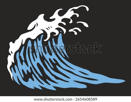 A dynamic wave graphic features blue and white colors. The artwork captures the energy of the ocean with curving lines and splashes. Perfect for nautical themes or surf culture.
