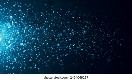 A dynamic wave of luminous particles flying horizontally. Sparkling bright particles fly in space. Shimmering particles with bokeh effect. 3D Vector illustration