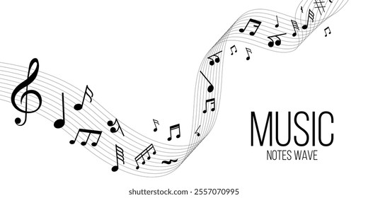 Dynamic wave of musical notes and treble clef creating rhythmic flow. A versatile design for modern music-themed banners, creative backgrounds, and artistic visualizations of melody and harmony.