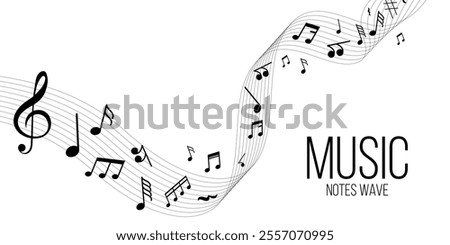 Dynamic wave of musical notes and treble clef creating rhythmic flow. A versatile design for modern music-themed banners, creative backgrounds, and artistic visualizations of melody and harmony.
