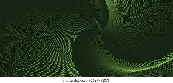 A dynamic wave of particles forms a fluid halftone dot curve in green against a dark background, evoking themes of technology, sound, and music. Halftone illustration with dots and lines.