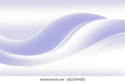 A dynamic wave of particles and halftone gradients forms a fluid dotted curve in blue on a transparent background, ideal for technology, sound, and music. 