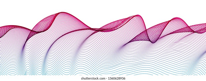 Dynamic wave transparent tulle textile on wind, particles flow, effect in motion. Vector abstract background. 3d shape dots blended mesh, relaxing calming wallpaper.