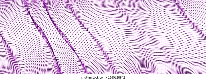 Dynamic wave transparent tulle textile on wind, particles flow, effect in motion. Vector abstract background. 3d shape dots blended mesh, relaxing calming wallpaper.