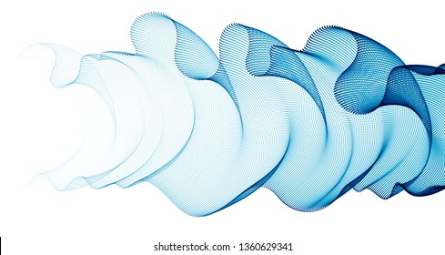 Dynamic wave transparent tulle textile on wind, particles flow, effect in motion. Vector abstract background. 3d shape dots blended mesh, relaxing calming wallpaper.