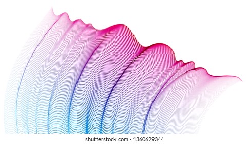 Dynamic wave transparent tulle textile on wind, particles flow, effect in motion. Vector abstract background. 3d shape dots blended mesh, relaxing calming wallpaper.