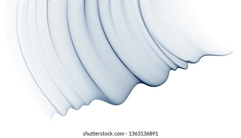 Dynamic wave transparent tulle textile on wind, particles flow, effect in motion. Vector abstract background. 3d shape dots blended mesh, relaxing calming wallpaper.