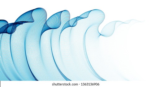 Dynamic wave transparent tulle textile on wind, particles flow, effect in motion. Vector abstract background. 3d shape dots blended mesh, relaxing calming wallpaper.