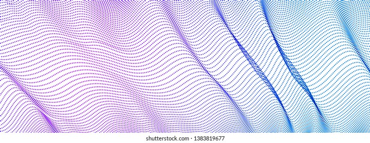 Dynamic wave transparent tulle textile on wind, particles flow, effect in motion. Vector abstract background. 3d shape dots blended mesh, relaxing calming wallpaper.