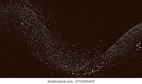 A dynamic wave of white dust particles sweeps across a deep brown background, creating a textured and abstract visual element perfect for graphic design projects needing a touch of organic