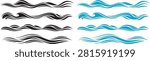 Dynamic wave and wind lines vector collection black and blue stream flow horizontal lines set wave pattern graphic design elements layout on white background, wave, line, stream, flow, wind, pattern, dynamic, movement