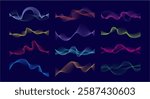 Dynamic waves gradients set. Vector visual effect of line colors spectrum. Fluid or moving nature gradients collection. Musical particles or energy flows rolling, pulsating or oscillating